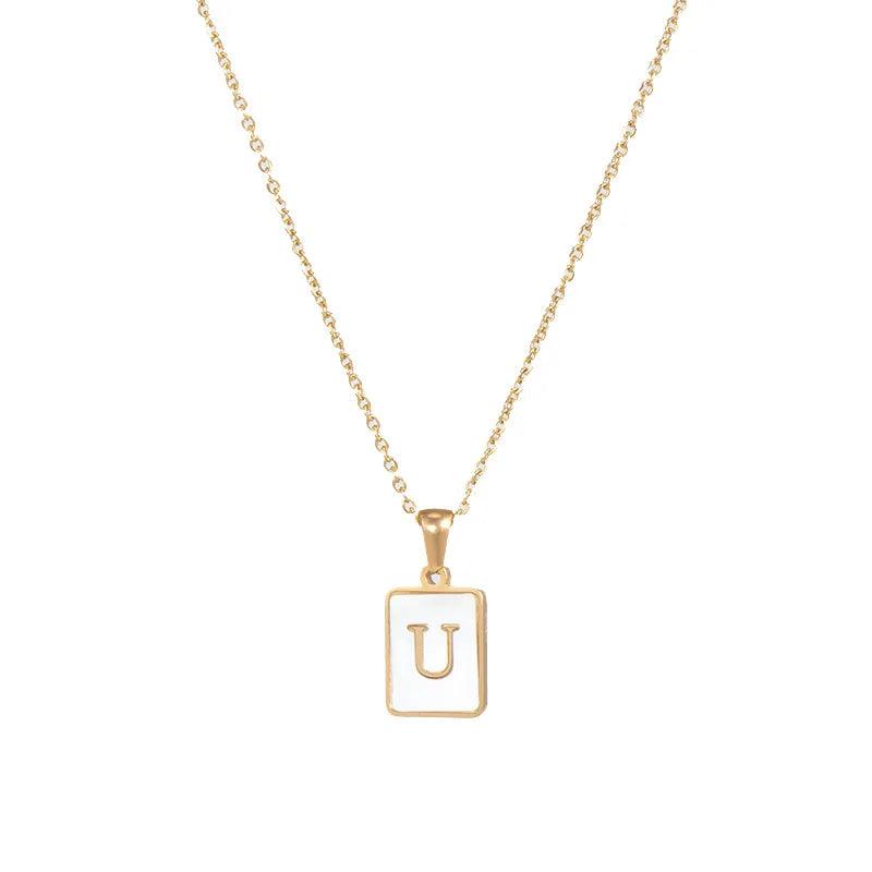 E.B.belle Minimalist Mother of Pearl Shell Stainless Steel Tarnish Free Initial Necklace Gold Plated Letter Necklace for Women