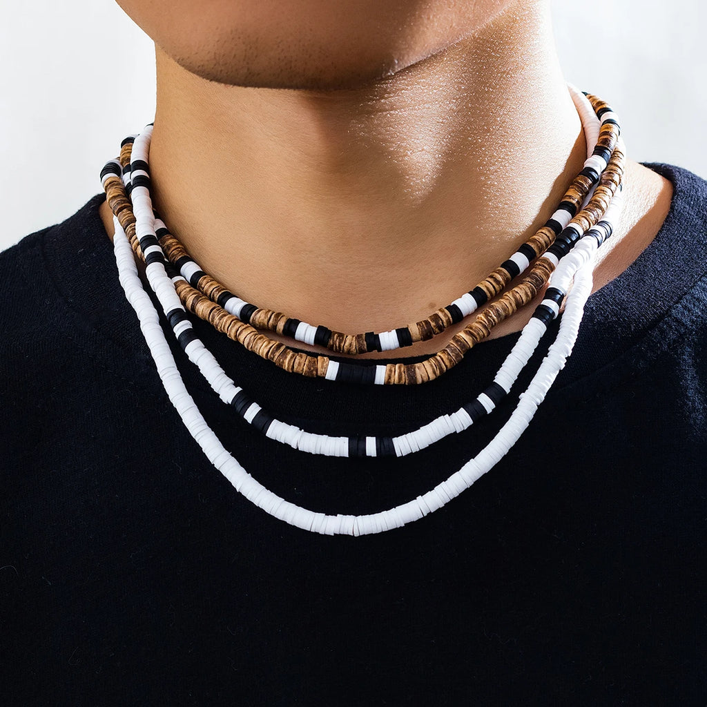 KunJoe 4pcs/set Men's Natural wood Soft Clay Beaded Necklace Retro African Surf Tribal Necklace Party Jewelry Gift