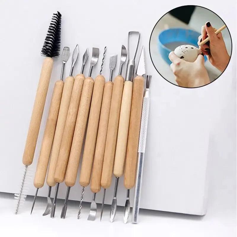 11pcs Pottery Clay Sculpting Modeling Tool Set, Double-Sided Ceramic Polymer Clay Carving Tools Kit With Smooth Wooden Handle