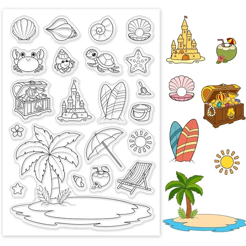 1Sheet Summer Vacation and Lovely Island Shell Clear Stamp Beach and Coconut Transparent Silicone Stamp Castle 4.3 x 6.3 inch