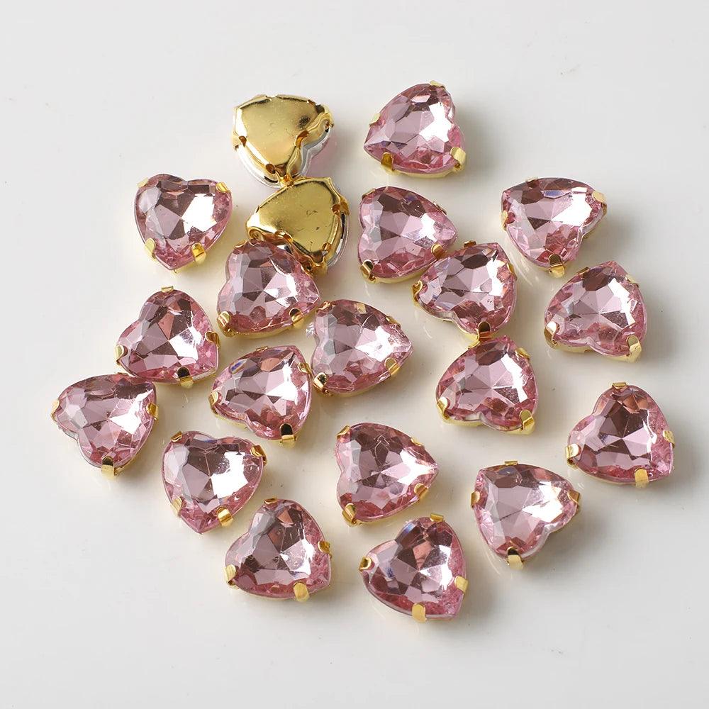 20Pcs 10mm Love Heart Glass Sew On Rhinestones With Flatback Gold Claw Crystal for Clothing Accessories Shoes DIY Nail Decor