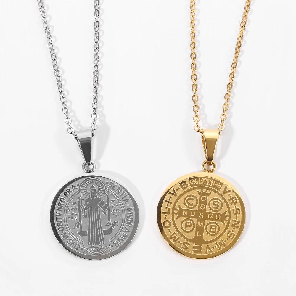 Religious San Benito Medal Pendant Stainless Steel Chain Silver Color Cross Jesus Saint Benedict Necklaces for Women Men Jewelry