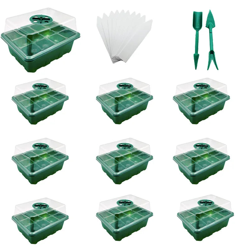 10 Sets of 12 Cells Seed Trays Seed Starter Plant Germination Box with Dome Base Seedling Growing Tray Garden Accessories