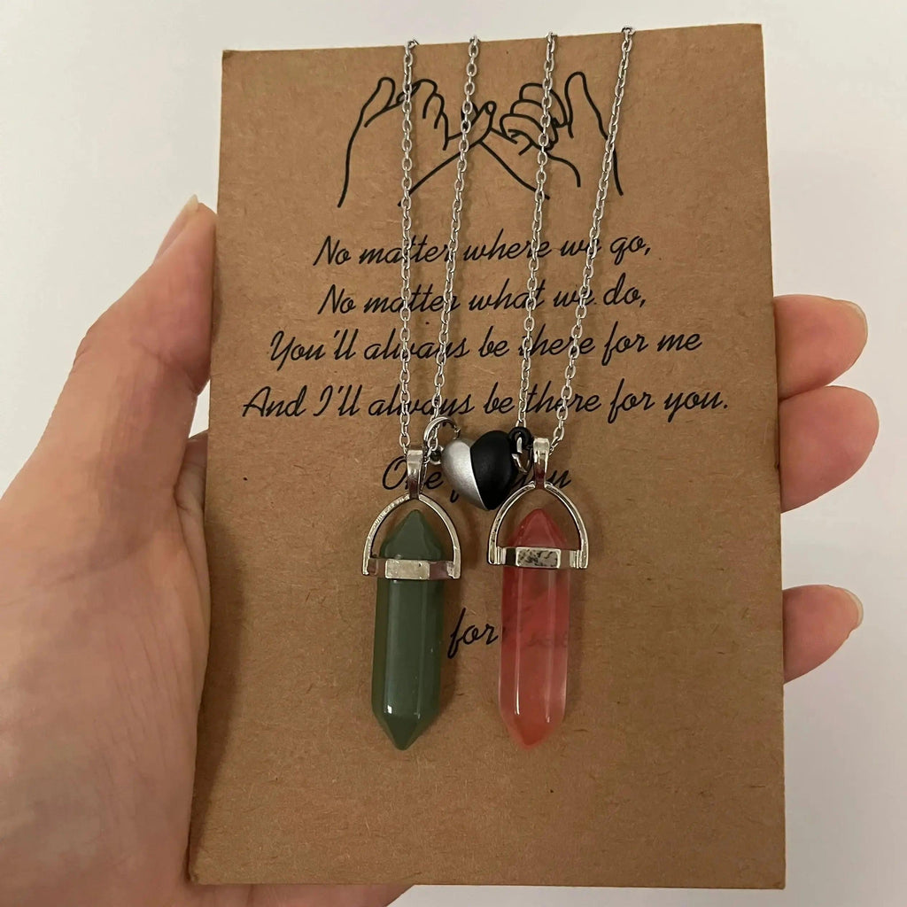 Crystal Friendship Matching Couples Necklaces for Women Men with Heart Charm, Dainty Rose Quartz Best Friends BFF Necklace
