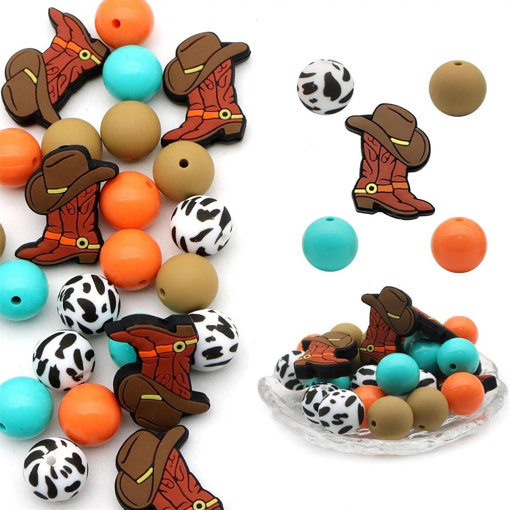25pcs/set DIY denim series silicone beads combination Western cowboy girl leopard print shoe beads round silicone beading 15mm silicone beading set for DIY pen necklace bracelet key chain mobile phone chain pendant jewelry ac