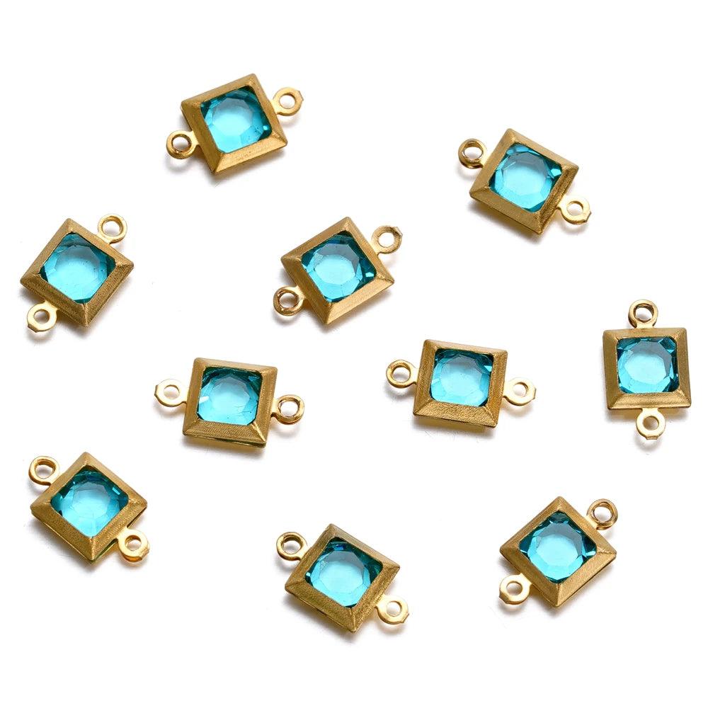 10pcs Stainless Steel Double Holes Square with Rhinestones Bracelet Necklace Pendant Connectors for DIY Jewelry Making Supplies