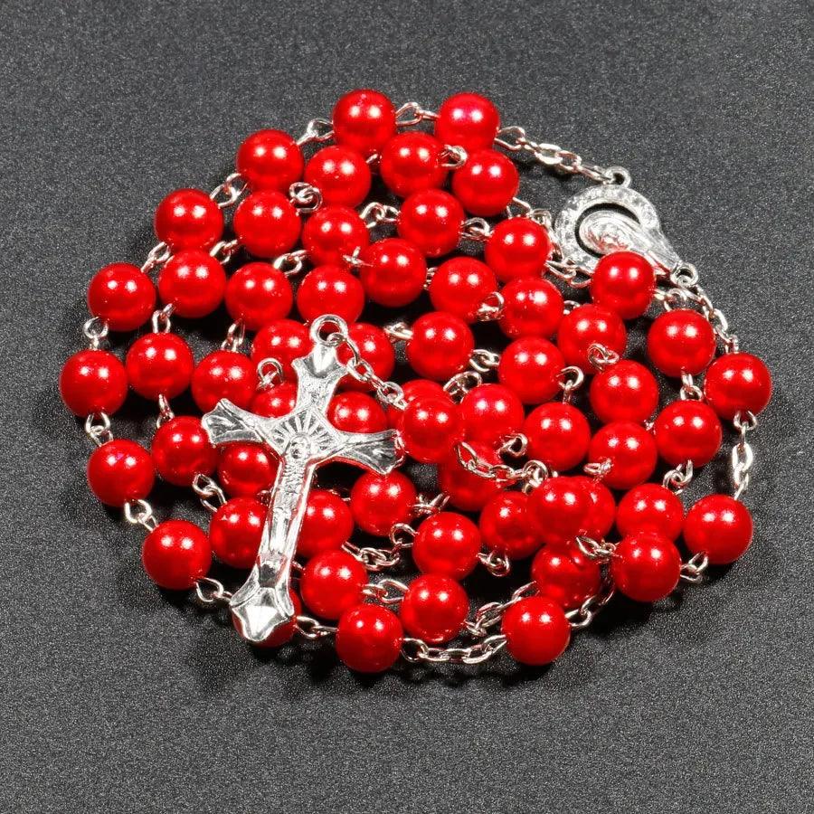 Religion Faux Pearl Rosary Necklace For Women Virgin Mary Jesus Cross Pendant Long Beads Chain Men Christian Fashion Jewelry