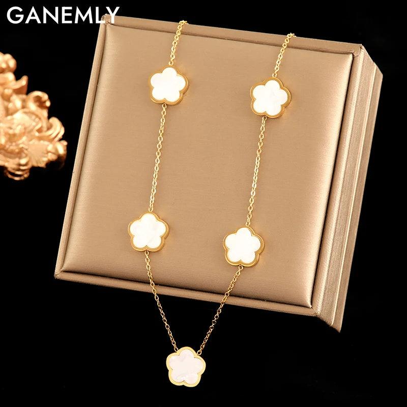 GANEMLY 316L Stainless Steel White Five Leaf Flower Necklace For Women Fashion Waterproof Clover Neck Chain Jewelry Collar Gift