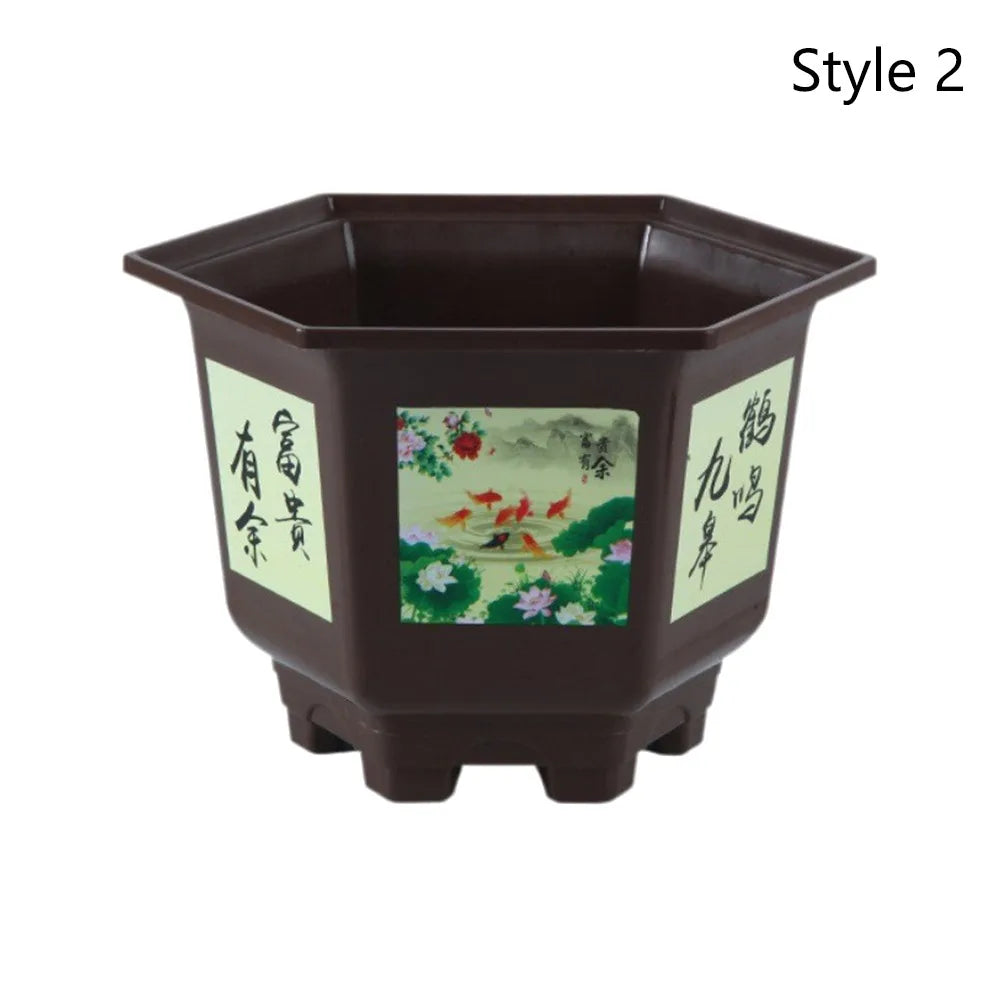 New Thickened Large-diameter Hexagonal Pot Imitation Purple Sand Printing Fruit Tree Rose Plastic Resin Potted Bonsai Flower Pot