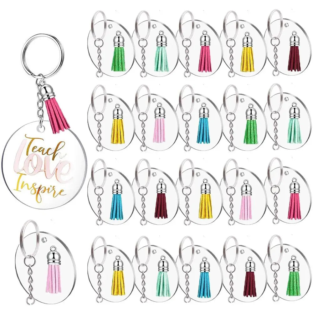 40pcs DIY Acrylic Clear Disc Personalized Keychain Transparent Blank Round Circle Tassel Key Chain Keyring Bag Pendant