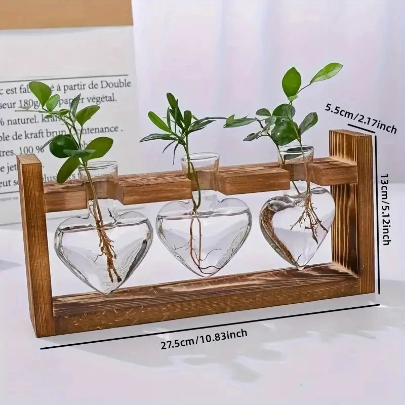 1pc Transparent Glass Vase With Wooden Frame, Heart-shaped Glass Vase For Hydroponic Plant Propagation, Air Plant Vase For Home