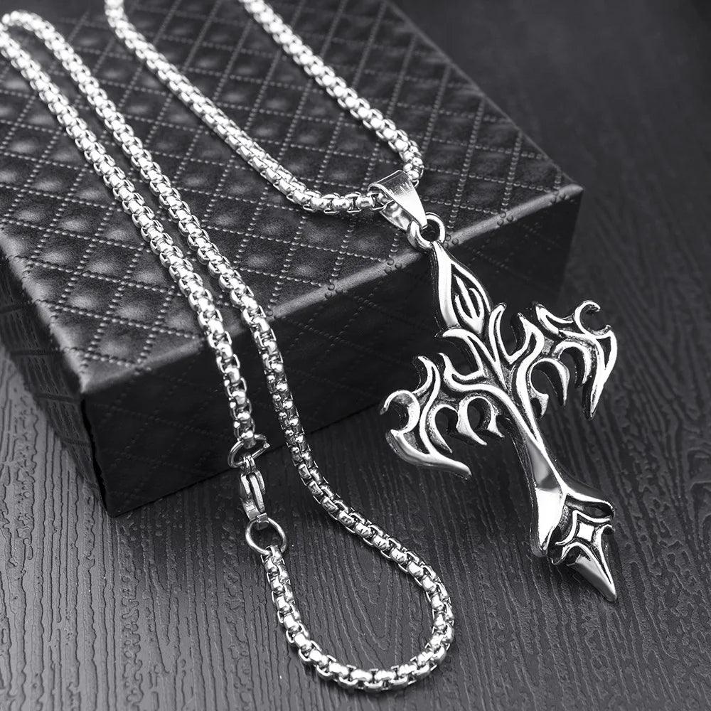 ZAKOL Hip Hop Cross Pendant Necklace Unique Design Stainless Steel Goth Necklaces Fashion Jewelry Gift for Women Men