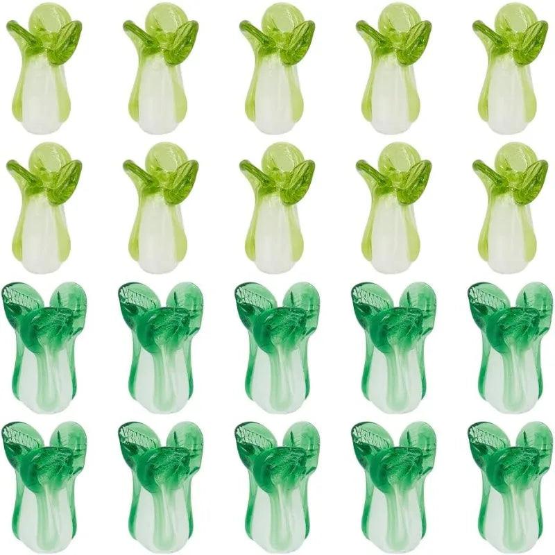 40Pcs Lampwork Glass Beads Fengshui Beads Chinese Cabbage Green Vegetable Handmade Lampwork Beads Bulk Fortune Wealth New Year