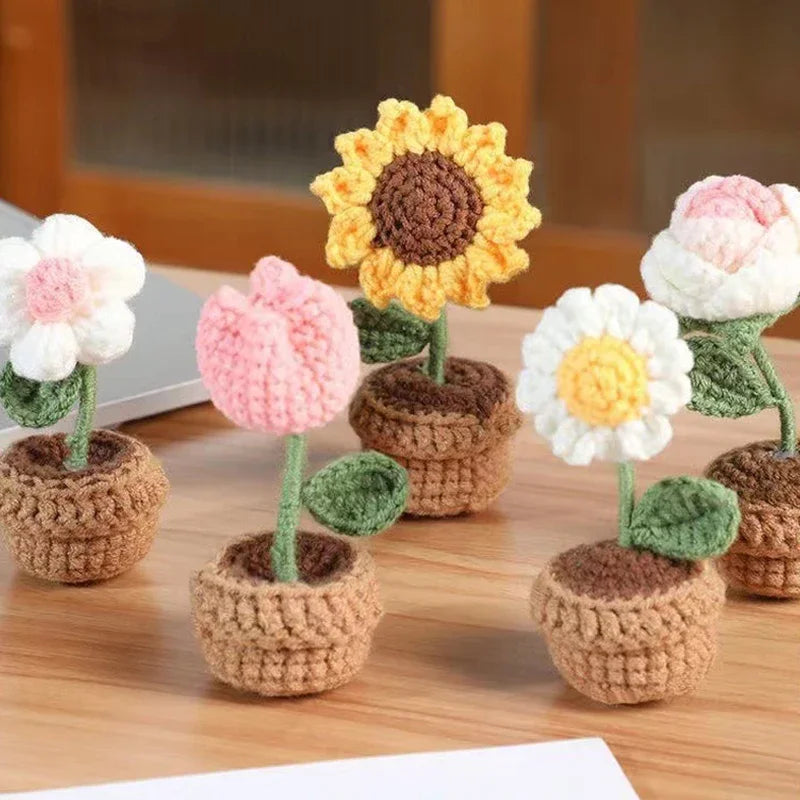 Hand Knitting Potted Plants Handwoven Rose Sunflower Tulip Crochet Flower Bouquet Potted Ornaments Table New Decoration Giftware