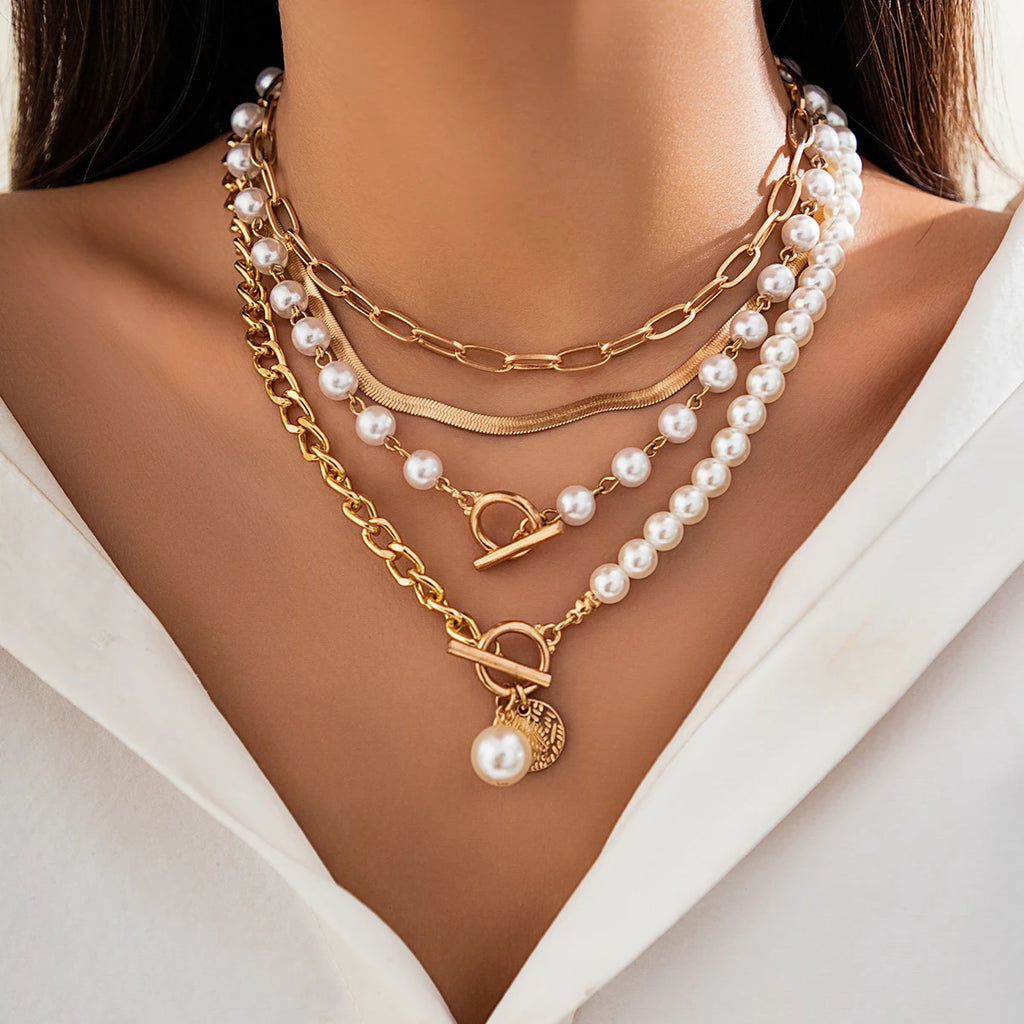 Gothic Metal Disc Pendant Flat Snake Chain Clavicle Necklace Punk Imitation Pearl Chain Multi Layered Choker Women Neck Jewelry