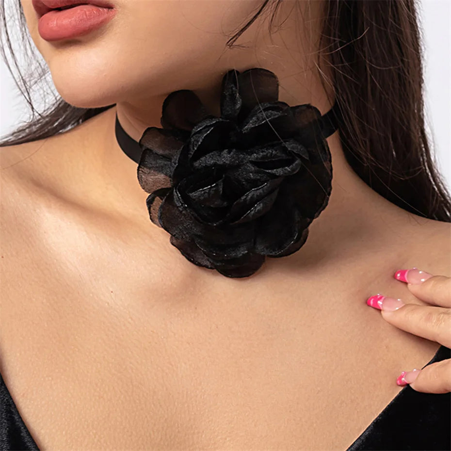 Ingemark Exaggerated Big Rose Flower Choker Necklace for Women Wed Bridal Goth Kpop Adjustable Bowknot Chain Y2K Accessories New