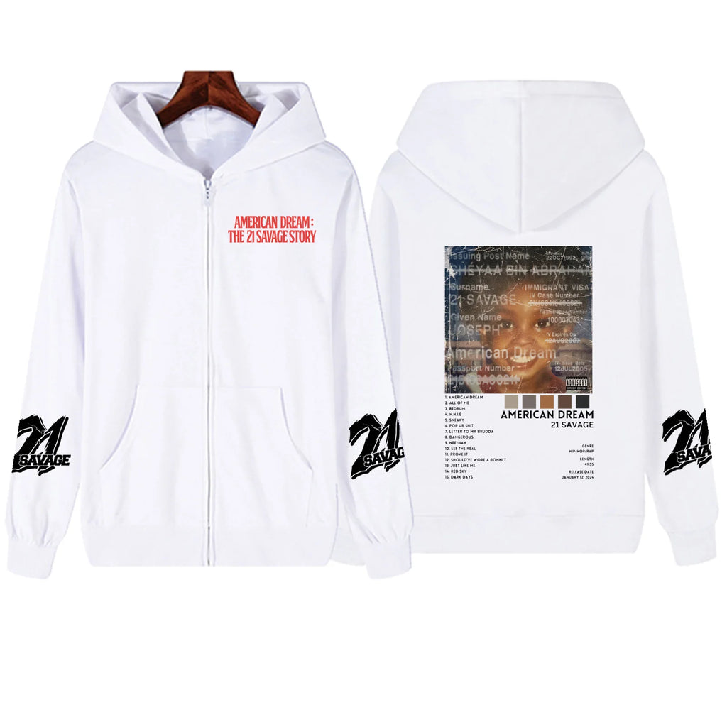 21 Savage Story American Dream Zipper Hoodie Harajuku Pullover Tops Sweatshirt Streetwear Fans Gift Unisex