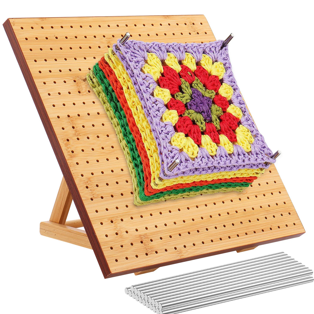 Crochet Blocking Board with 20Steel Rod Bamboo Wooden Blocking Board with Adjustable Stand Reusable Granny Square Blocking Board