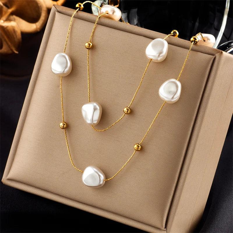 DIEYURO 316L Stainless Steel 2in1 Large Pearl Pendant Necklace For Women New Trend Girls Neck Jewelry Chain Party Wedding Gift