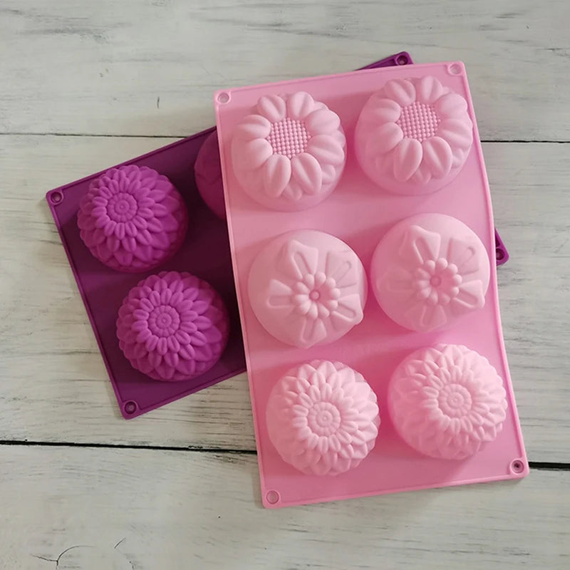 1Pc 6 Cavity 3 Different Flowers and Plants Shape Silicone Chocolate Mold DIY Handmade Soap Sunflower Moon Cake Mold