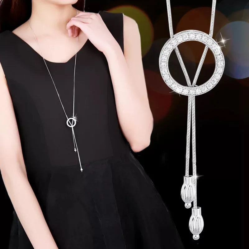 Women Pendant Necklaces Hollow Leaves Flower Crystal Sweater Chain Crystal Long  Tassel Necklace Accessories
