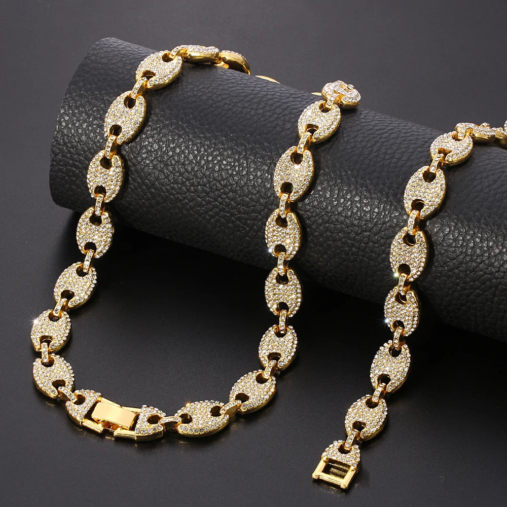 Men Coffee Bean Cuban Chain Necklace Gold Silver Color Full Rhinestone Pig Nose Necklaces Hip Hop Jewelry