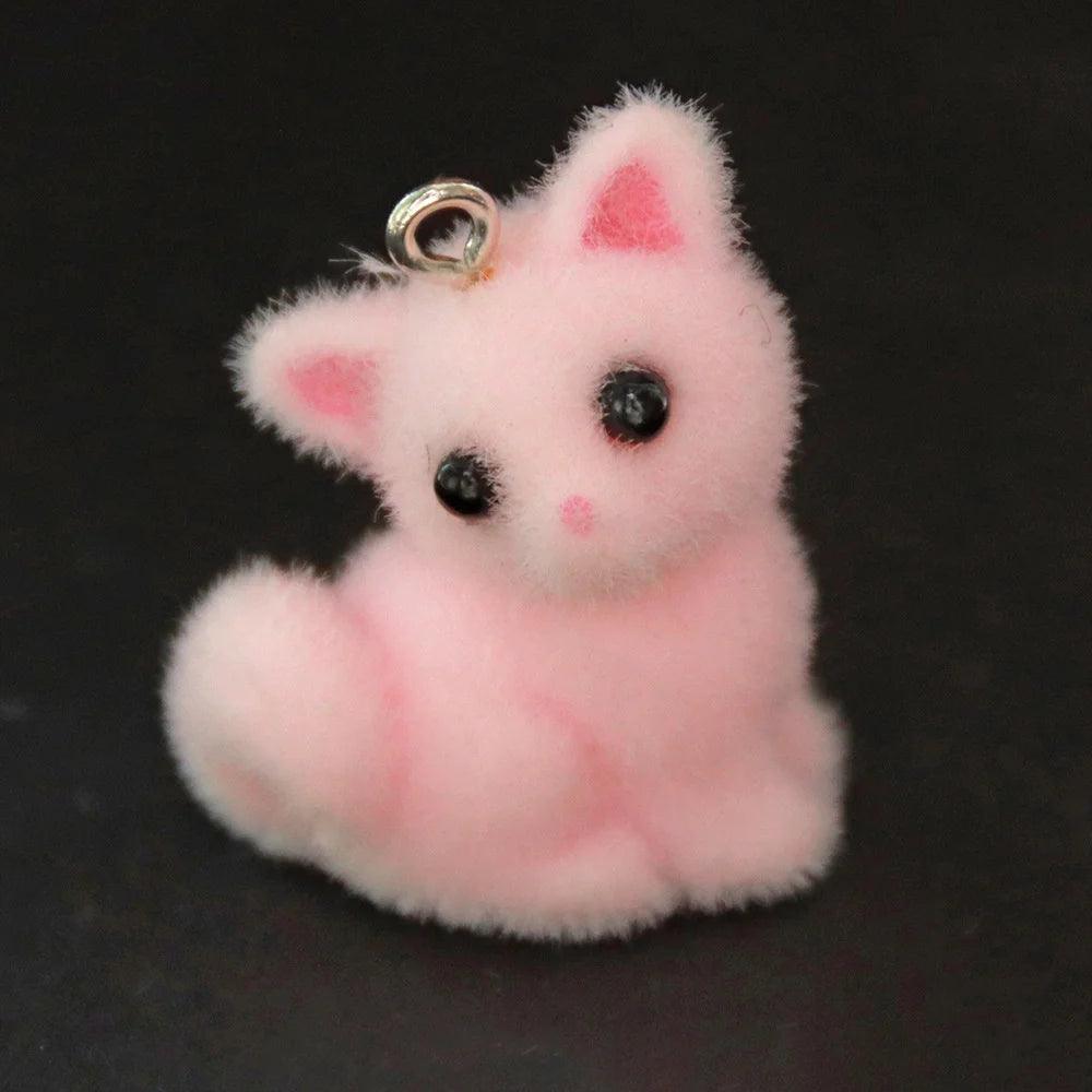 10pcs 3D Fluffy Flocking Animal Pendant Charms Kawaii Plush Cat Rabbit Rat Bear DIY Jewelry Crafts Make Keychain Miniature Doll