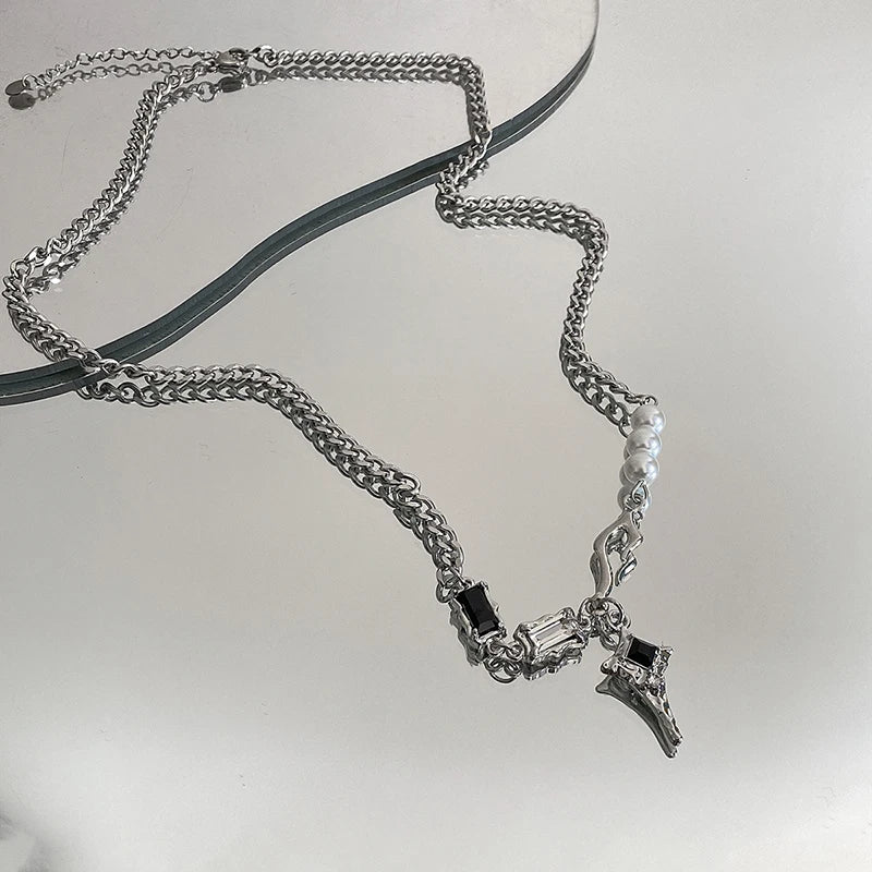 Kpop Cross Star Beaded Necklace for Men Unisex Hiphop Imitation Pearl Star Pendant Necklaces Women Y2K Punk Tassel Necklace