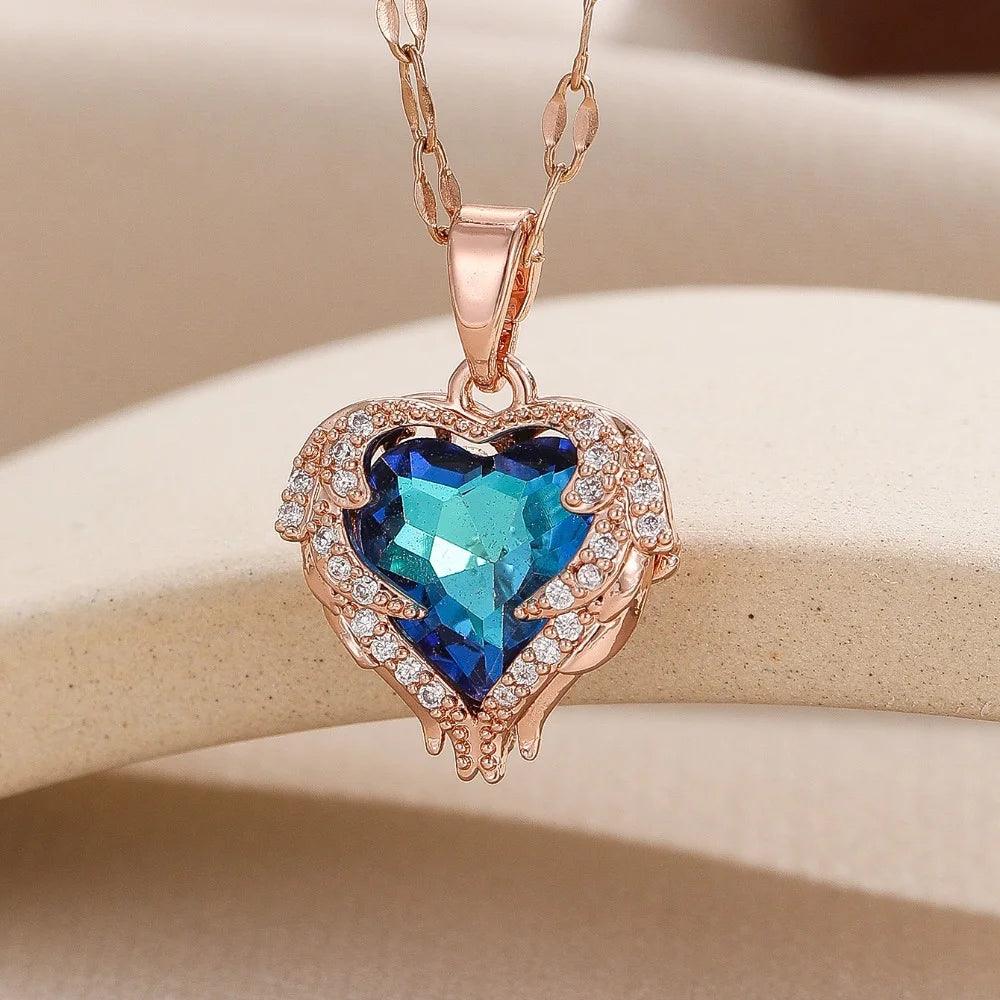 1 Pcs Romantic Couple Glass Encrusted Bronze Zircon Ocean Heart Pendant Combination Of Titanium Steel Chain