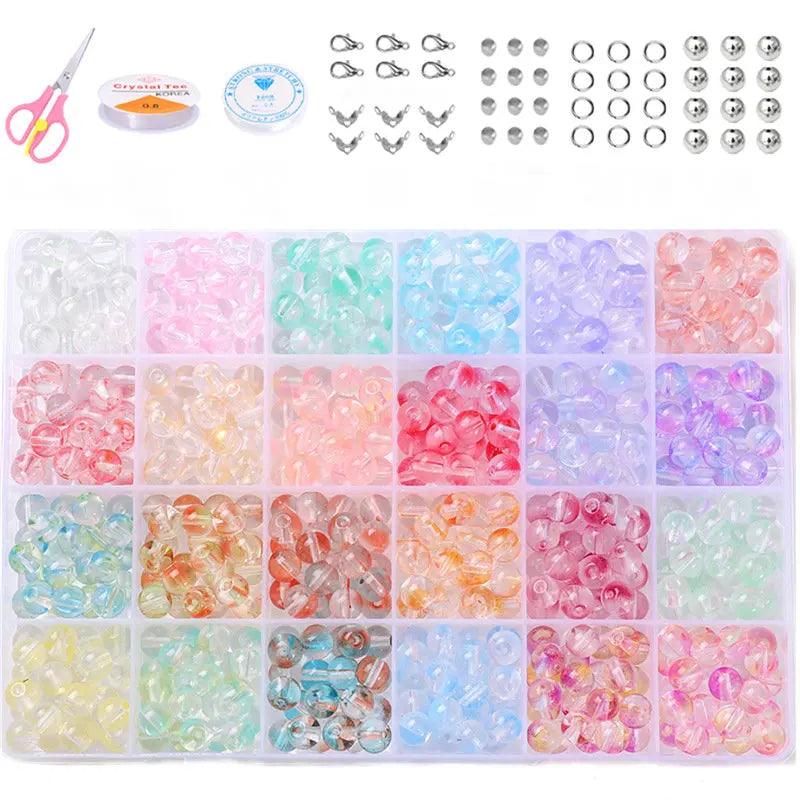 480Pcs Crystal Beads Bracelets Making Kit 24 Colors 8mm Jewelry Making Round Glass Cataclastic Lineation Beads Kit for Beginners