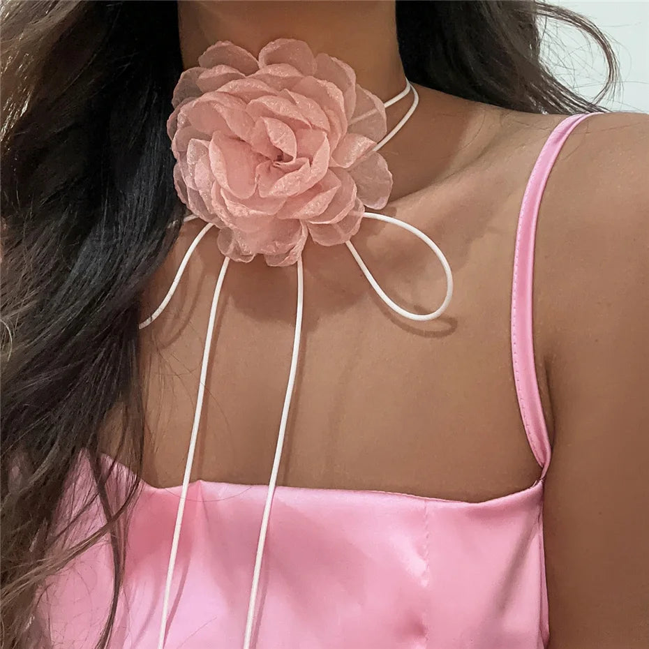Ingemark Exaggerated Big Rose Flower Choker Necklace for Women Wed Bridal Goth Kpop Adjustable Bowknot Chain Y2K Accessories New
