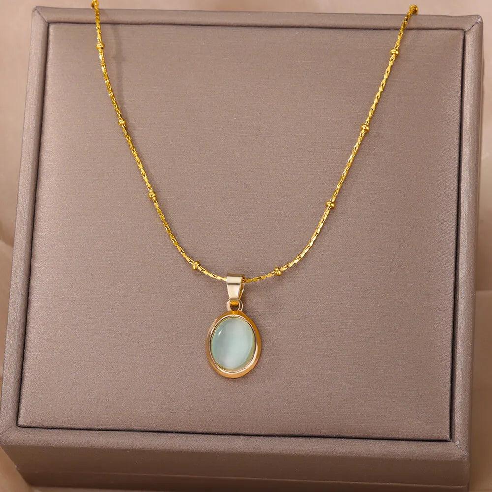 Fashion Stone Opal Oval Necklace For Women Stainless Steel Gold Color Oval Stone Pendant Necklace Wedding Aesthetic Jewelry Gift