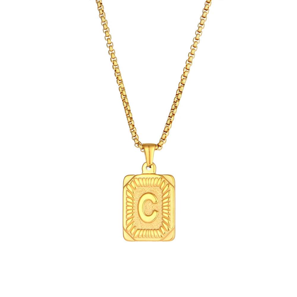 2023 New Stylish Square Pendant Necklace Men's Stainless Steel Gold Plated Letter Necklace Initial Necklace For Women