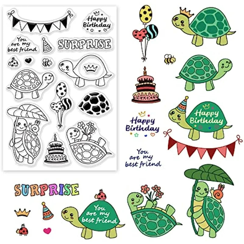 Happy Birthday Themed Clear Stamps,6.3x4.3inch Surprise Turtle Balloon Cake Bee Banner Pattern Silicone Seal Stamp