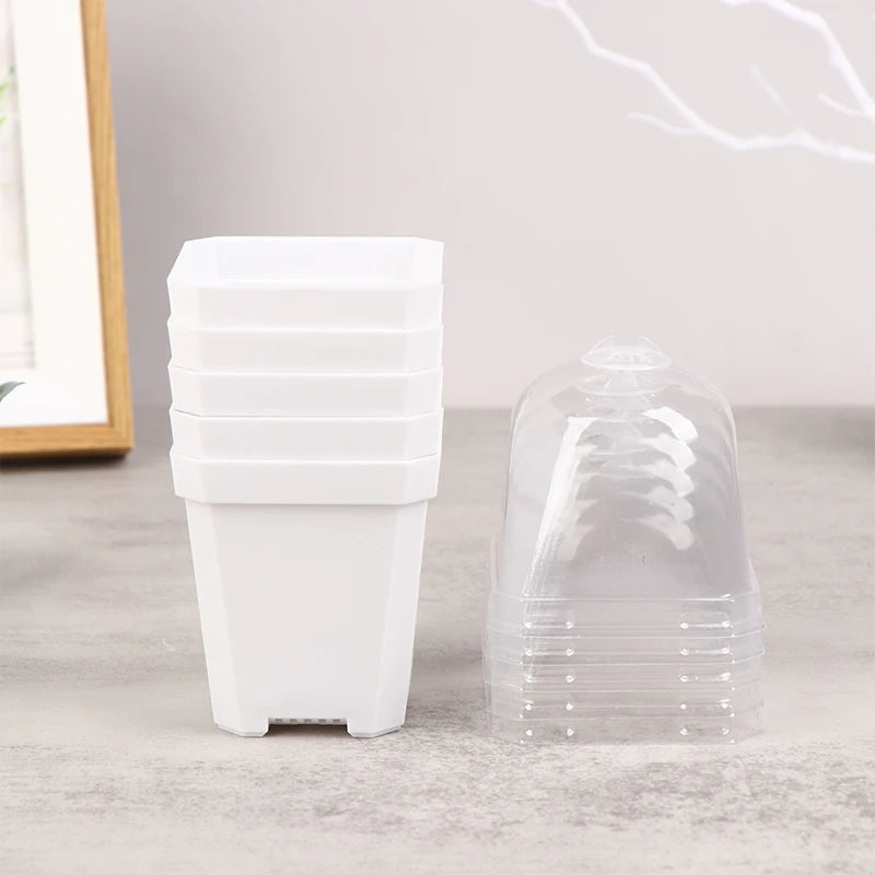 5Pcs Square Small Flower Pot Nursery Pot with Humidity Dome Transparent Gardening Pot Square Flower Starting Pots