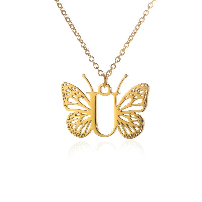 A-Z Initial Letter Collar Butterfly Necklace For Women Butterfly Jewelry Stainless Steel Alphabet Choker Necklace Female Gift