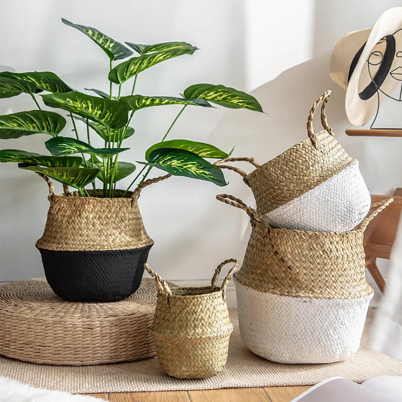 Nordic style flower pot woven seagrass basket household goods straw storage basket folding straw flower basket
