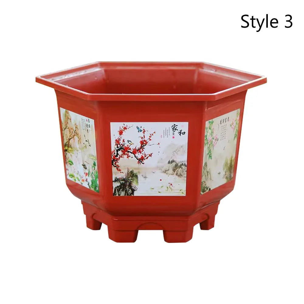 New Thickened Large-diameter Hexagonal Pot Imitation Purple Sand Printing Fruit Tree Rose Plastic Resin Potted Bonsai Flower Pot
