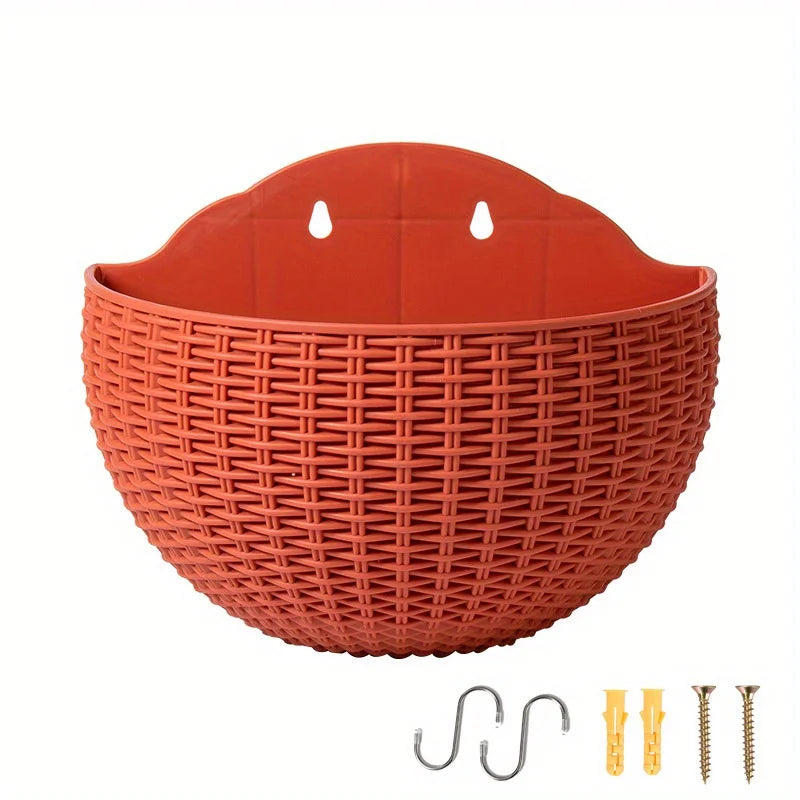 European Style Imitation Rattan Wall Hanging Half Round Flowerpot Planter Semicircular Wall Flower Pot Balcony Household Outdoor