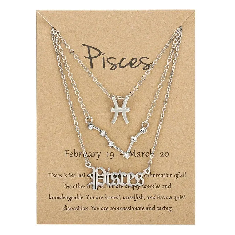 3Pcs 12 Zodiac Sign Necklace Set For Women Constellation Pendant Gold Silver Color Chain Female Birthday Jewelry With Cardboard