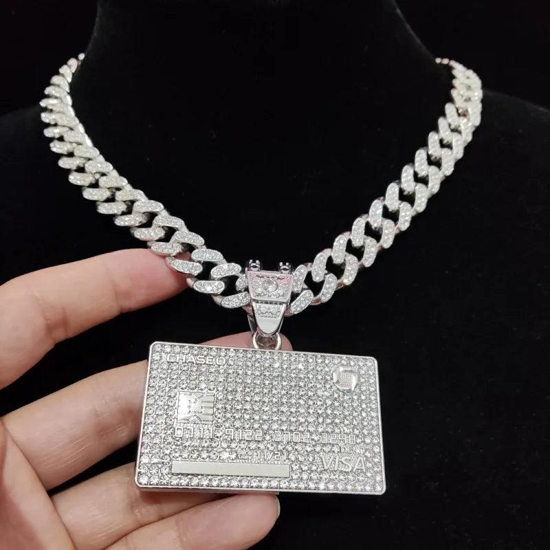 2023 New Men Hip Hop Bank Card Shape Pendant Necklace Cuban Chain Iced Out Bling HipHop Necklaces Fashion Jewelry Gifts