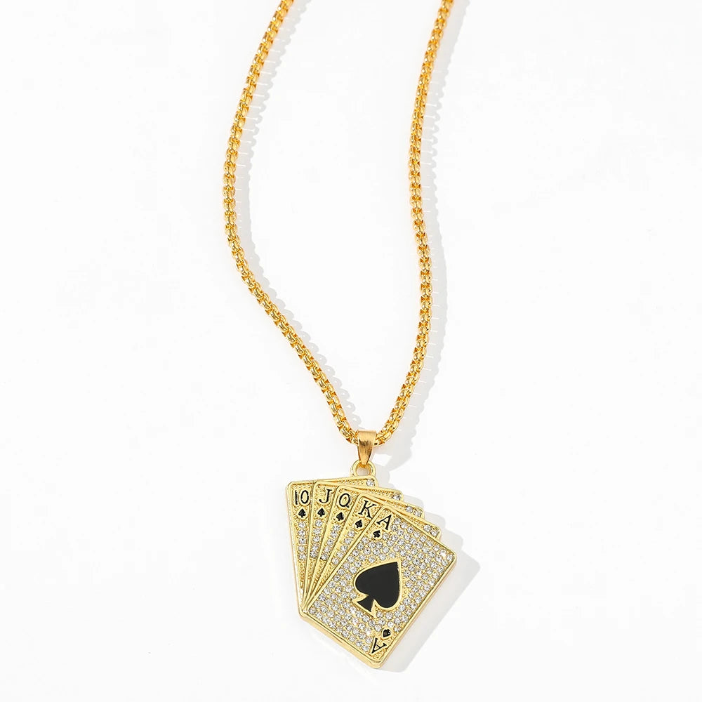 Men Statement Full Rhinestone Poker Lucky Ace of Spades Pendant Necklace Gold Color Jewelry Fortune Playing Cards