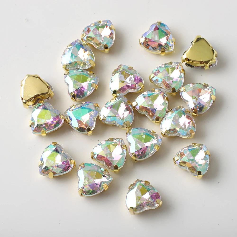 20Pcs 10mm Love Heart Glass Sew On Rhinestones With Flatback Gold Claw Crystal for Clothing Accessories Shoes DIY Nail Decor