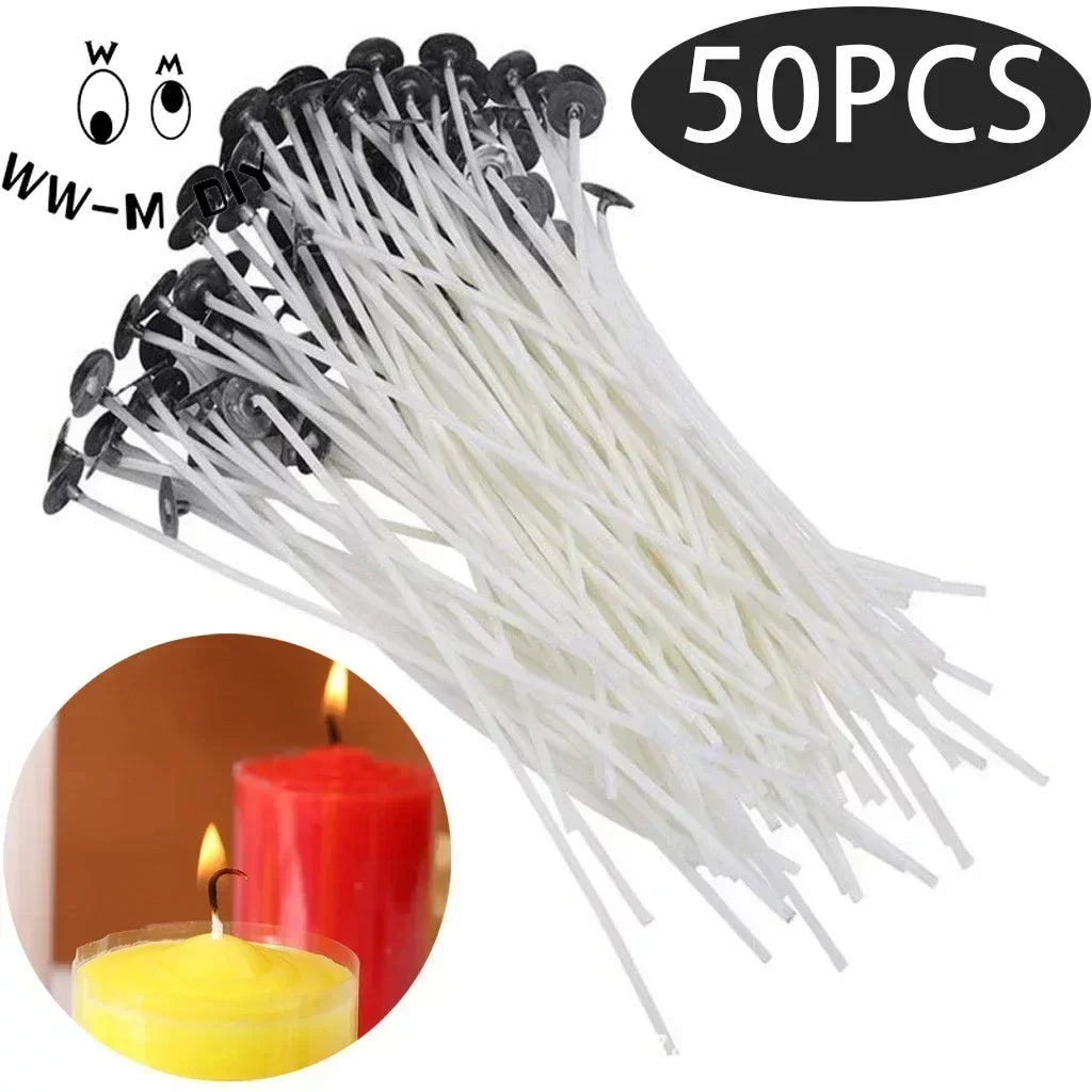 50pcs Smokeless Candle Wicks 8-20cm Pre-Waxed Cotton Core Wicks with Metal Sustainer Tabs DIY Handmade Candle Making Tools