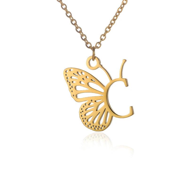 A-Z Initial Letter Collar Butterfly Necklace For Women Butterfly Jewelry Stainless Steel Alphabet Choker Necklace Female Gift