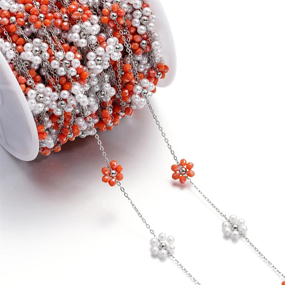 1Meter Stainless Steel Pink Crystal Flower Natural Stone Beads Gold/Steel Color Chains for Necklace Bracelet DIY Jewelry Making