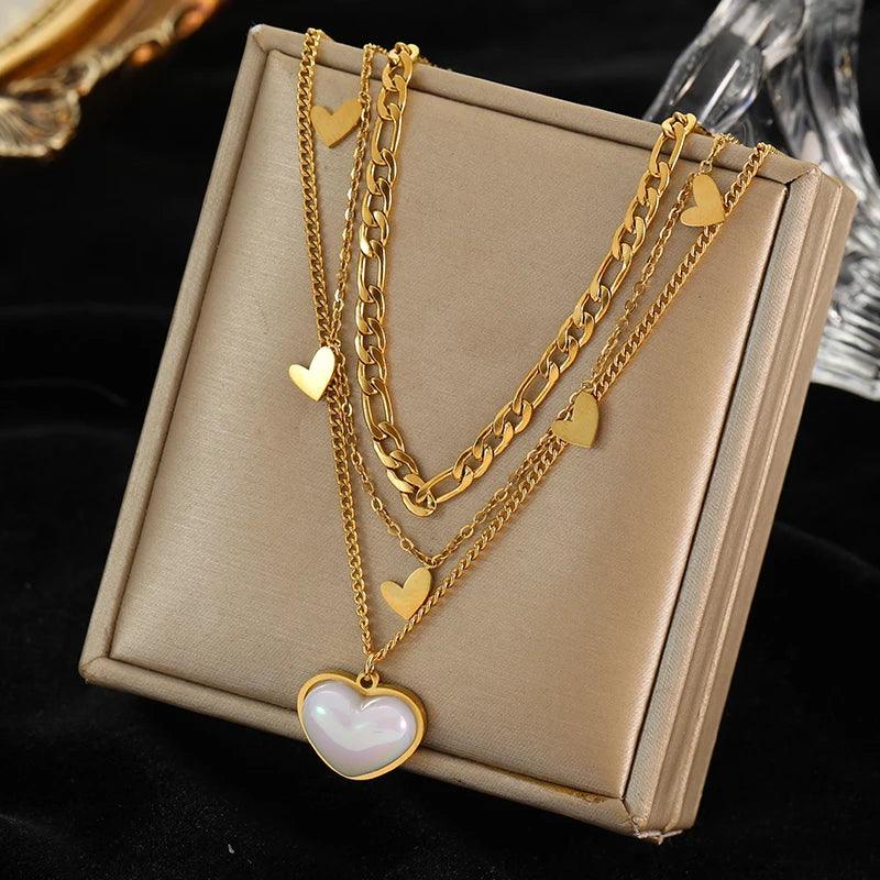 EILIECK 316L Stainless Steel Pearl Heart Pendant Necklace For Women Gold Color Non-fading Charm Choker Jewelry Girls Party Gift