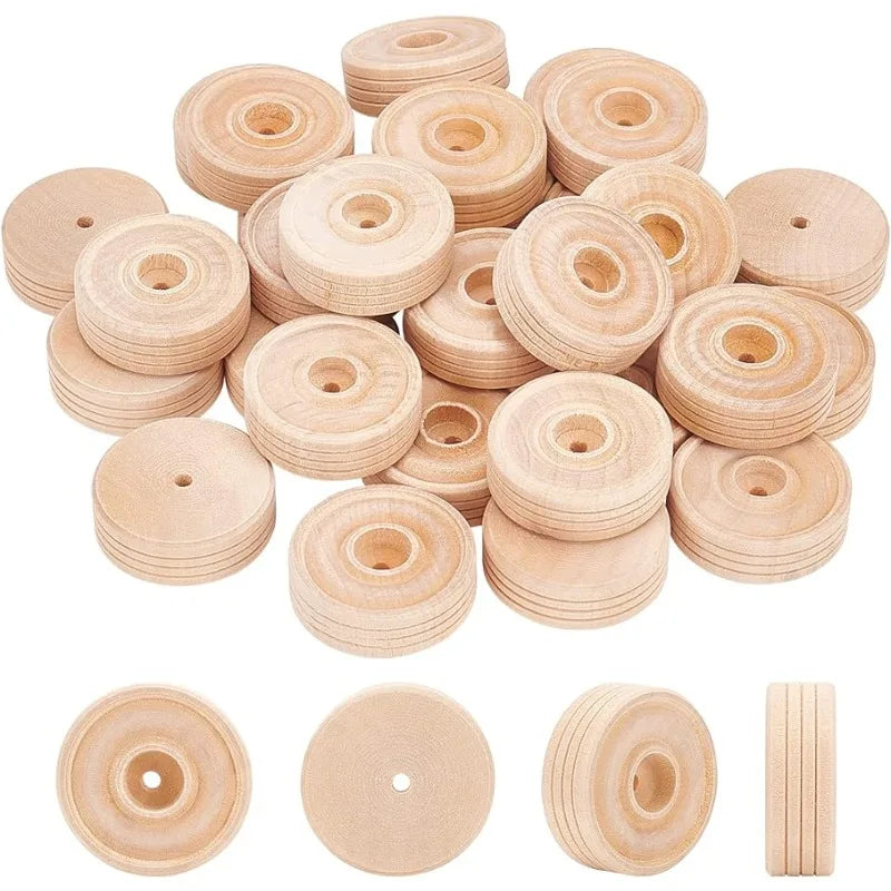 30 pc Wood Craft Wheels 1.4” Diameter Unfinshed Wooden Wheels Treaded Wooden Tools Wheel with 0.1" Hole for DIY Small Cars