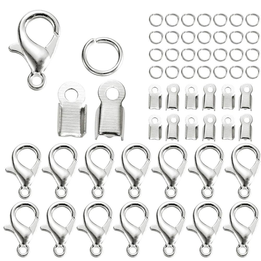 80Pcs Alloy Lobster Clasp Jump Rings Leather Clip Tip Fold Crimp Connectors For Bracelet Necklace DIY Jewelry Making Supplies