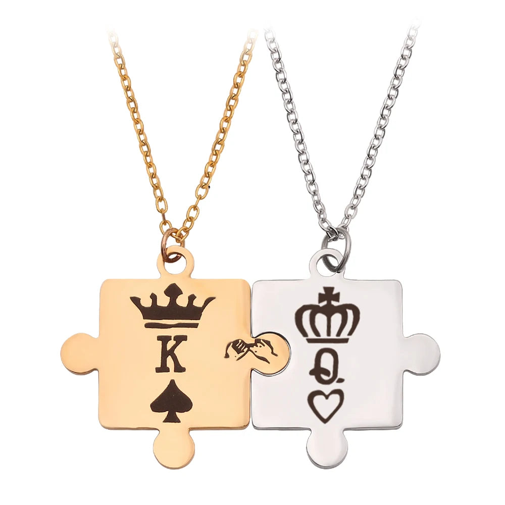 Fashion Poker K and Q Puzzle Piece Couple Necklace Stainless Steel Link Chain Jigsaw Lovers Pendant King and Queen Crown Pattern
